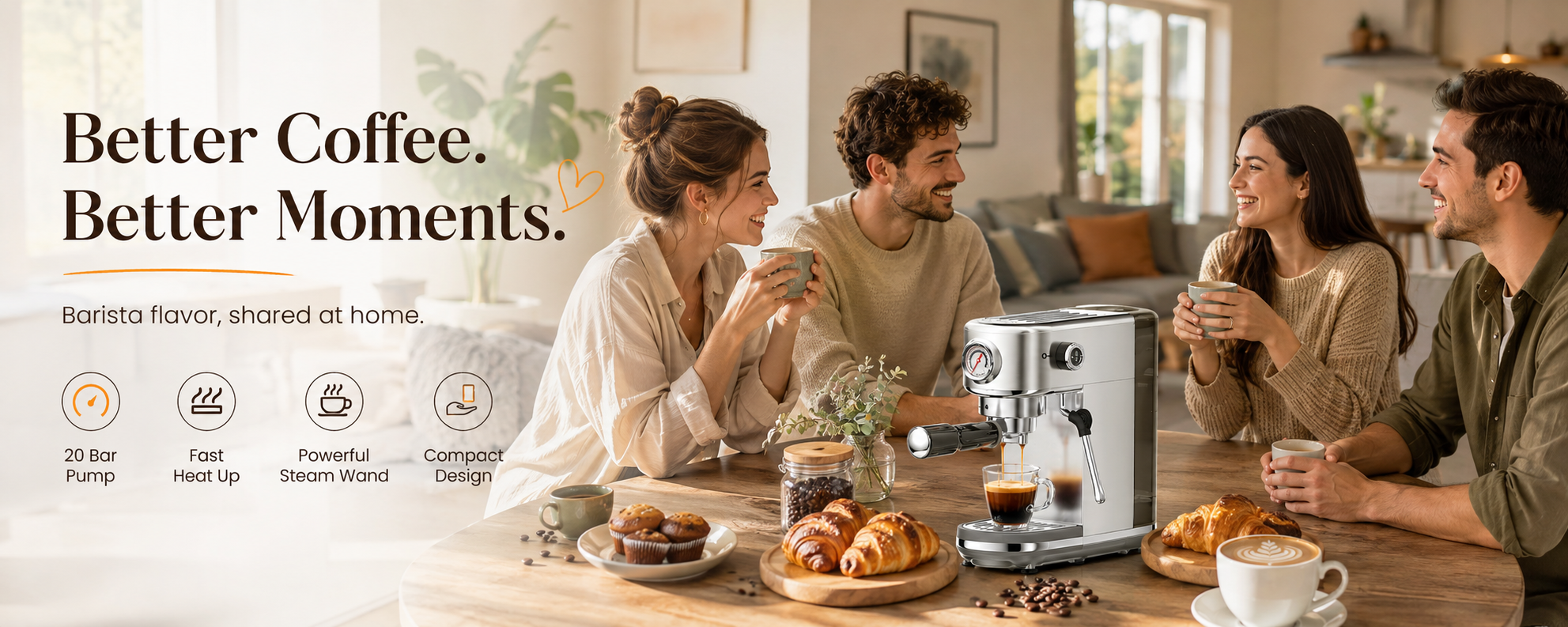 Four friends enjoy coffee together around a wooden table while a silver espresso machine brews espresso, surrounded by croissants, muffins, coffee beans and latte cups in a warm modern home.