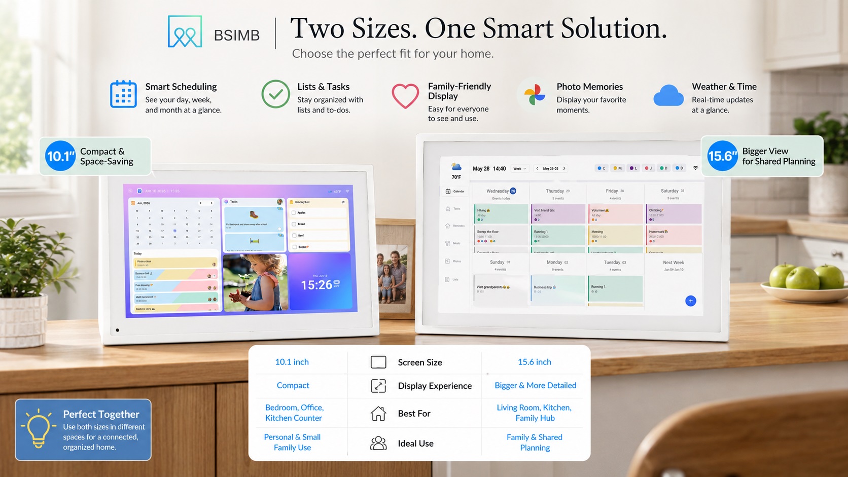 BSIMB smart digital calendar helping families manage daily routines more efficiently. The image features a child studying, parents preparing meals, and a connected home environment with labels for easy planning, family scheduling, and shared tasks.