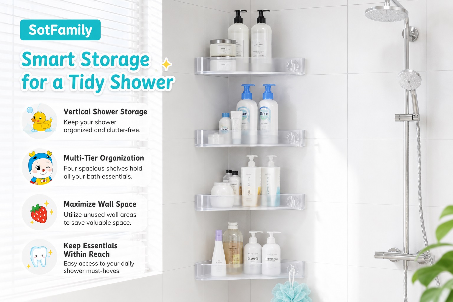Sotfamily transparent wall-mounted shower shelves installed in a modern bathroom, organizing shampoo, body wash, soap, and toiletries. Creates a clean and space-saving bathroom storage solution.