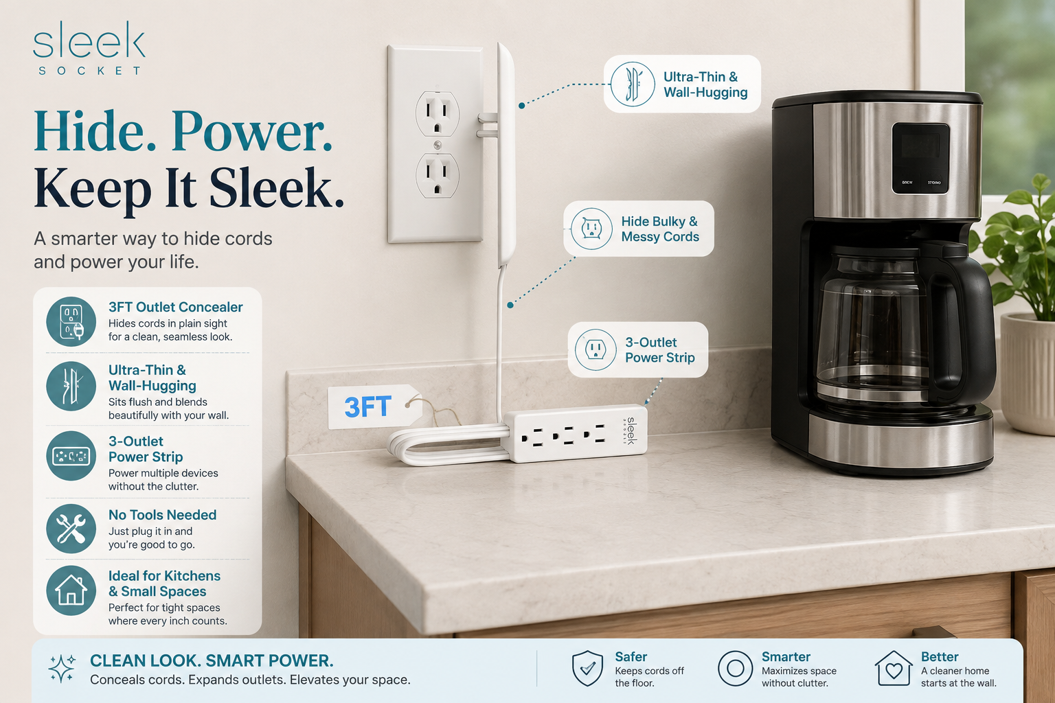 Sleek Socket 3FT outlet concealer shown in a modern kitchen beside a coffee maker. The ultra-thin white wall-hugging cover connects to a three-outlet power strip, with infographic callouts highlighting hidden cords, tool-free setup, and a clean, clutter-free look.