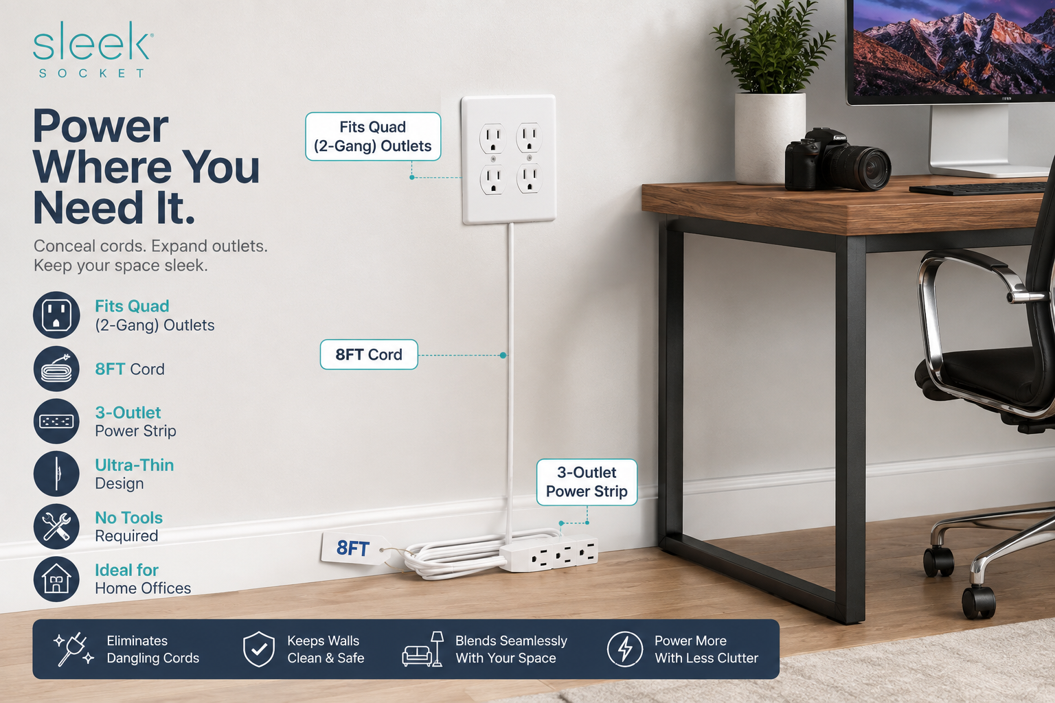 Sleek Socket 8FT outlet and cord concealer installed on a quad 2-gang wall outlet in a modern home office. A slim white cord runs neatly to a three-outlet power strip, with callouts for the 8FT cord, ultra-thin design, tool-free installation, and tidy cable management.