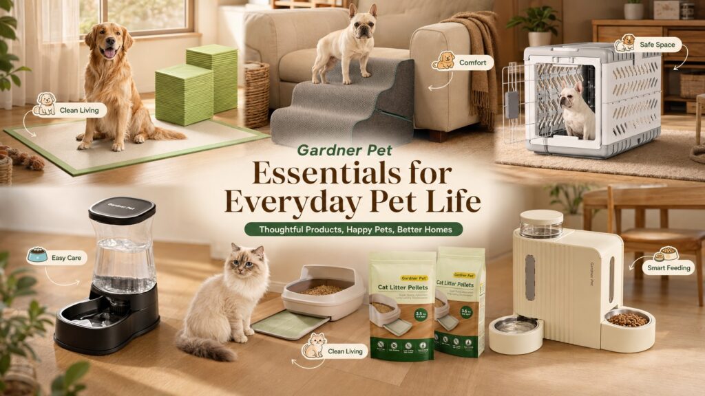 Gardner Pet complete pet essentials banner featuring six product categories in a warm home setting. Dogs and cats interact with pee pads, stairs, crate, water dispenser, litter pellets, and feeder station for everyday comfort.