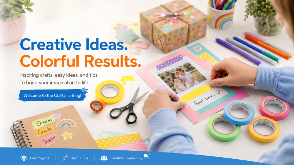 Craftzilla blog hero image featuring colorful craft tapes, scissors, markers, gift wrapping, and scrapbook supplies on a bright creative desk, with hands applying yellow tape to a photo card and the headline “Creative Ideas. Colorful Results.” for a cheerful DIY crafting theme.