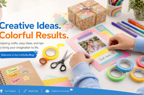 Craftzilla blog hero image featuring colorful craft tapes, scissors, markers, gift wrapping, and scrapbook supplies on a bright creative desk, with hands applying yellow tape to a photo card and the headline “Creative Ideas. Colorful Results.” for a cheerful DIY crafting theme.