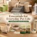 Gardner Pet complete pet essentials banner featuring six product categories in a warm home setting. Dogs and cats interact with pee pads, stairs, crate, water dispenser, litter pellets, and feeder station for everyday comfort.