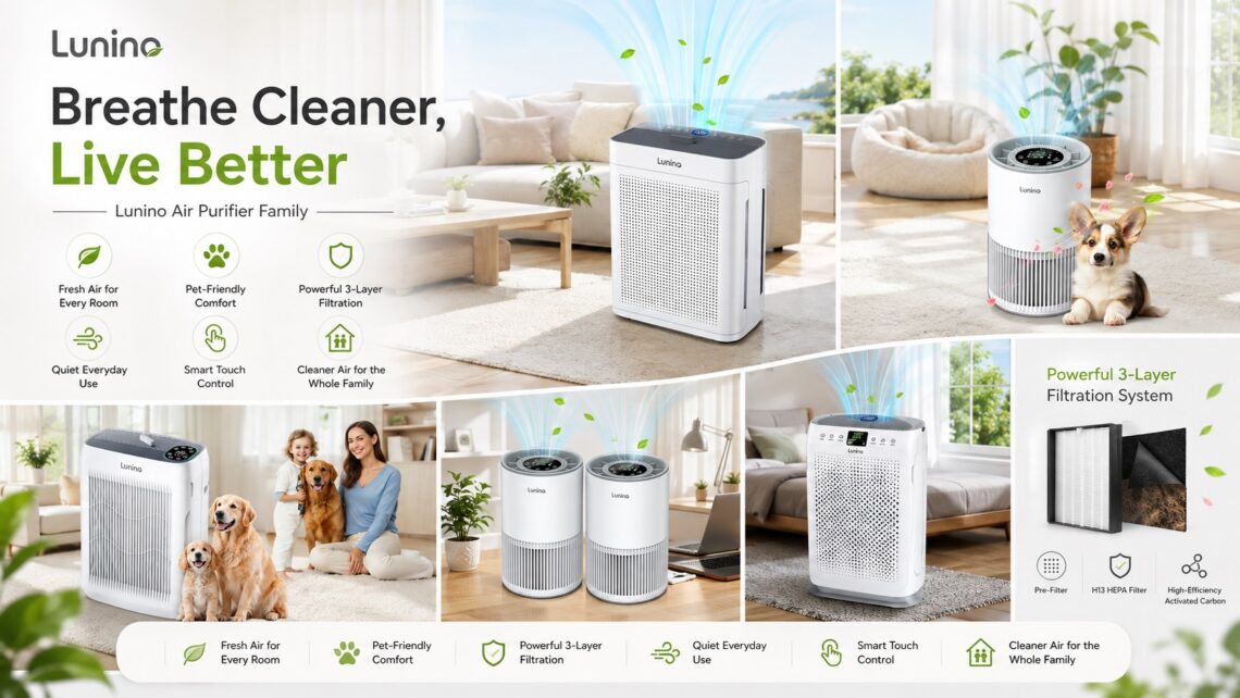 Lunino air purifier family homepage banner featuring multiple purifier models in different real-life home scenes. The collage highlights fresh air solutions, pet-friendly comfort, powerful filtration, quiet operation, smart control, and whole-family air care.