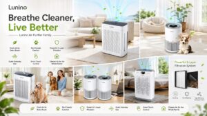 Lunino air purifier family homepage banner featuring multiple purifier models in different real-life home scenes. The collage highlights fresh air solutions, pet-friendly comfort, powerful filtration, quiet operation, smart control, and whole-family air care.
