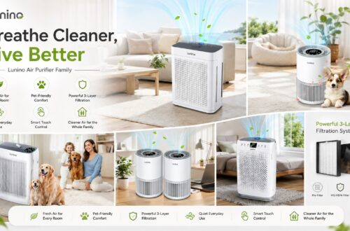Lunino air purifier family homepage banner featuring multiple purifier models in different real-life home scenes. The collage highlights fresh air solutions, pet-friendly comfort, powerful filtration, quiet operation, smart control, and whole-family air care.