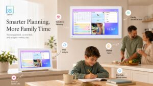 BSIMB smart family calendar shown in a modern home environment, displaying schedules, task lists, and family photos on a white digital screen. The image emphasizes smart planning, family connection, shared organization, and a simpler daily lifestyle.