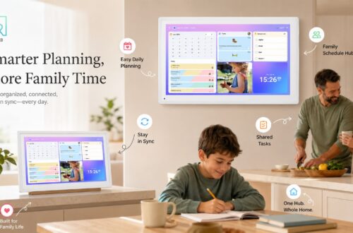 BSIMB smart family calendar shown in a modern home environment, displaying schedules, task lists, and family photos on a white digital screen. The image emphasizes smart planning, family connection, shared organization, and a simpler daily lifestyle.