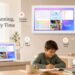 BSIMB smart family calendar shown in a modern home environment, displaying schedules, task lists, and family photos on a white digital screen. The image emphasizes smart planning, family connection, shared organization, and a simpler daily lifestyle.