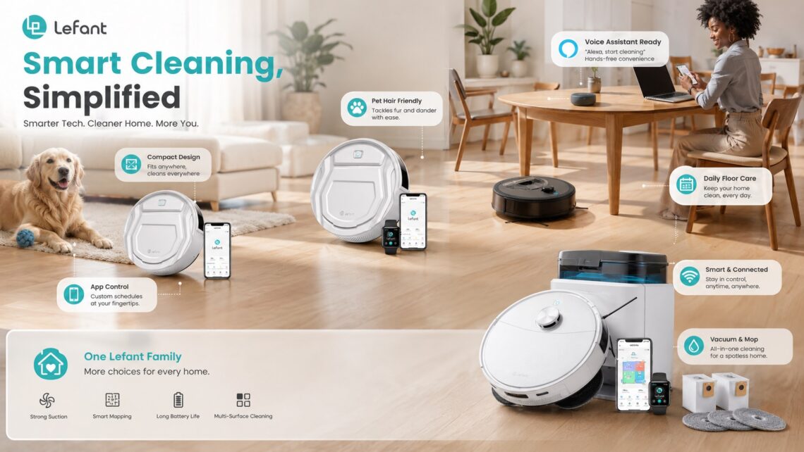 Lefant robot vacuum family showcase featuring multiple models placed across living room, dining area, and pet-friendly home scenes. The image highlights app control, pet hair cleaning, voice assistant support, smart connectivity, and vacuum-and-mop capabilities.