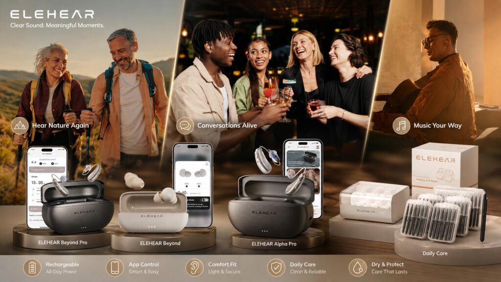 ELEHEAR brand showcase featuring multiple hearing aid models, charging cases, smartphone apps, cleaning accessories, and real-life usage scenes. The banner highlights rechargeable technology, app control, comfort fit, daily care, and meaningful listening moments.