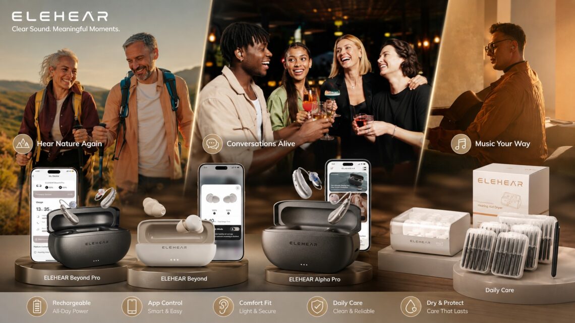 ELEHEAR brand showcase featuring multiple hearing aid models, charging cases, smartphone apps, cleaning accessories, and real-life usage scenes. The banner highlights rechargeable technology, app control, comfort fit, daily care, and meaningful listening moments.