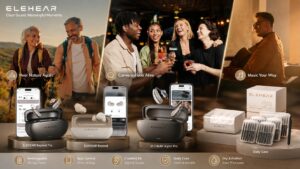 ELEHEAR brand showcase featuring multiple hearing aid models, charging cases, smartphone apps, cleaning accessories, and real-life usage scenes. The banner highlights rechargeable technology, app control, comfort fit, daily care, and meaningful listening moments.