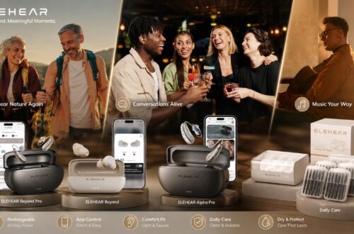 ELEHEAR brand showcase featuring multiple hearing aid models, charging cases, smartphone apps, cleaning accessories, and real-life usage scenes. The banner highlights rechargeable technology, app control, comfort fit, daily care, and meaningful listening moments.