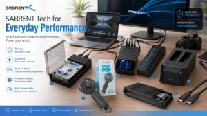 SABRENT tech ecosystem banner showing storage, charging, connectivity, and portable performance solutions integrated into a modern creator workspace and everyday technology setup.