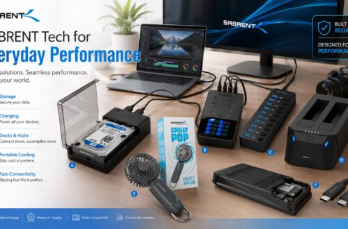 SABRENT tech ecosystem banner showing storage, charging, connectivity, and portable performance solutions integrated into a modern creator workspace and everyday technology setup.