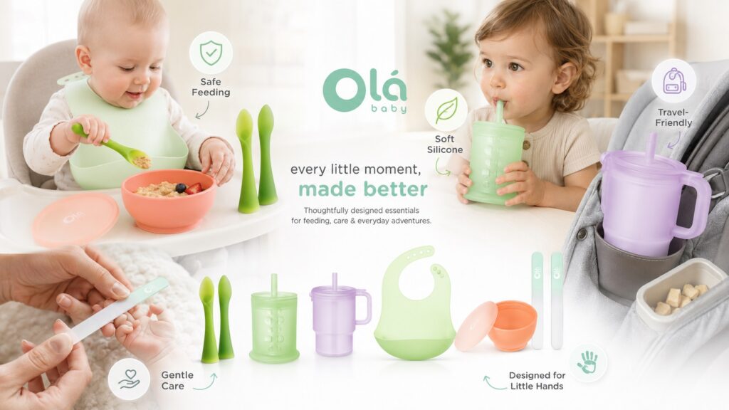 Olababy baby product collection summary image showing silicone feeding essentials including bowls, training cups, bibs, spoons, and care items in a warm family lifestyle setting focused on safe and thoughtful parenting.