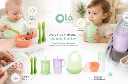 Olababy baby product collection summary image showing silicone feeding essentials including bowls, training cups, bibs, spoons, and care items in a warm family lifestyle setting focused on safe and thoughtful parenting.