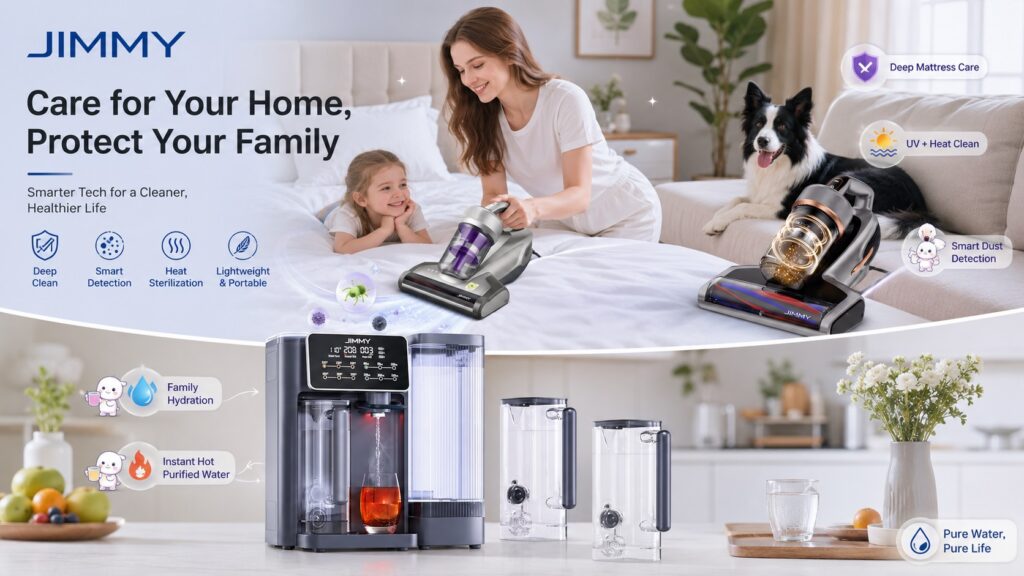 JIMMY smart home product showcase featuring mattress vacuum cleaners and the R9 countertop water purifier integrated into modern family living spaces. The image highlights deep mattress care, UV and heat cleaning, smart dust detection, family hydration, and instant hot purified water solutions for a cleaner and healthier lifestyle.