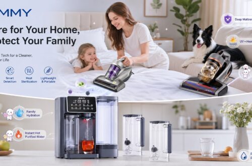 JIMMY smart home product showcase featuring mattress vacuum cleaners and the R9 countertop water purifier integrated into modern family living spaces. The image highlights deep mattress care, UV and heat cleaning, smart dust detection, family hydration, and instant hot purified water solutions for a cleaner and healthier lifestyle.
