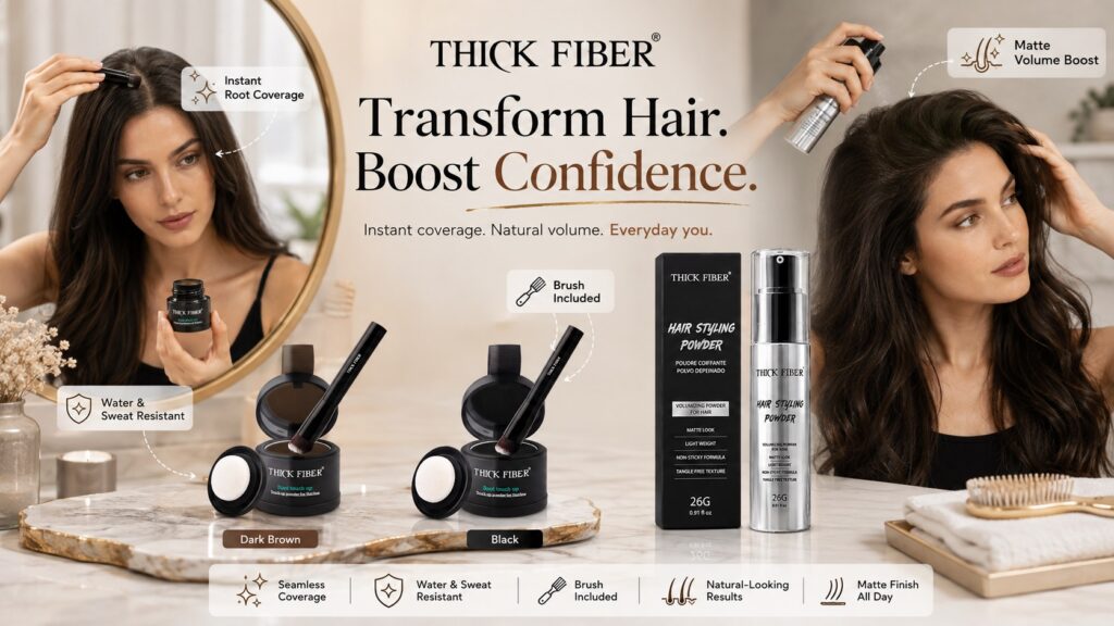THICK FIBER hair care promotional banner featuring Root Touch Up Powder in Dark Brown and Black shades along with Hair Styling Powder. The image combines female root touch-up application and male hair styling scenes in a modern beauty setting, showcasing instant coverage, natural volume, water and sweat resistance, brush application, and all-day styling benefits.