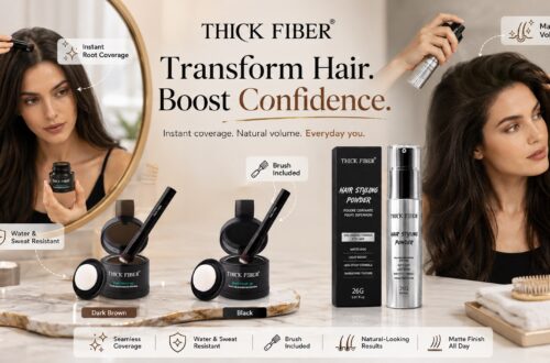 THICK FIBER hair care promotional banner featuring Root Touch Up Powder in Dark Brown and Black shades along with Hair Styling Powder. The image combines female root touch-up application and male hair styling scenes in a modern beauty setting, showcasing instant coverage, natural volume, water and sweat resistance, brush application, and all-day styling benefits.