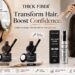 THICK FIBER hair care promotional banner featuring Root Touch Up Powder in Dark Brown and Black shades along with Hair Styling Powder. The image combines female root touch-up application and male hair styling scenes in a modern beauty setting, showcasing instant coverage, natural volume, water and sweat resistance, brush application, and all-day styling benefits.