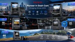 VIOFO dash cam product lineup promotional banner featuring A229 Plus, A229 Pro, A329, A119 Mini 2, and A119 Pro models. The image showcases 4K recording, dual and triple-channel camera systems, GPS tracking, Wi-Fi connectivity, 24H parking protection, and night monitoring across different driving scenarios.