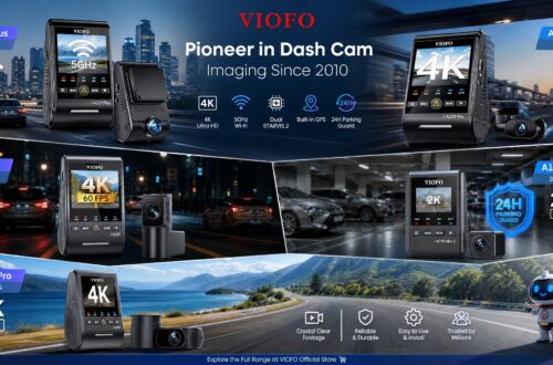 VIOFO dash cam product lineup promotional banner featuring A229 Plus, A229 Pro, A329, A119 Mini 2, and A119 Pro models. The image showcases 4K recording, dual and triple-channel camera systems, GPS tracking, Wi-Fi connectivity, 24H parking protection, and night monitoring across different driving scenarios.