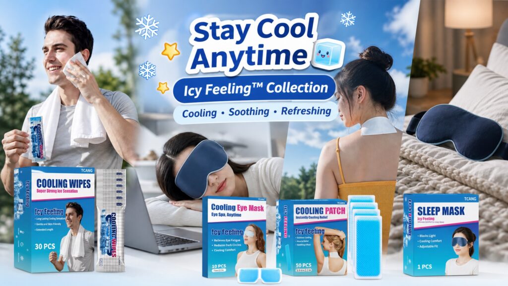 TCANG summer comfort collection promotional image showing users enjoying cooling and relaxation products in outdoor, office, resting, and sleeping environments. The image features cooling wipes, cooling eye masks, cooling patches, and sleep masks as portable comfort solutions for everyday life.