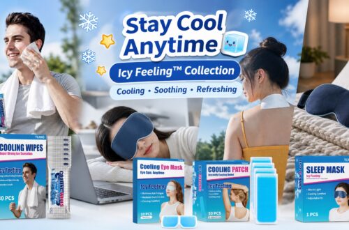 TCANG summer comfort collection promotional image showing users enjoying cooling and relaxation products in outdoor, office, resting, and sleeping environments. The image features cooling wipes, cooling eye masks, cooling patches, and sleep masks as portable comfort solutions for everyday life.