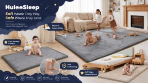 A collage showcasing HulooSleep mats in a nursery, playroom, and bedroom setting with the slogan "Soft Where They Play, Safe Where They Land." It highlights features like an ultra-soft plush surface, extra safety with 2-inch thick padding, non-toxic OEKO-TEX certification, and a long-lasting build.