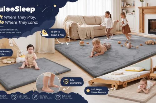 A collage showcasing HulooSleep mats in a nursery, playroom, and bedroom setting with the slogan "Soft Where They Play, Safe Where They Land." It highlights features like an ultra-soft plush surface, extra safety with 2-inch thick padding, non-toxic OEKO-TEX certification, and a long-lasting build.