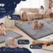 A collage showcasing HulooSleep mats in a nursery, playroom, and bedroom setting with the slogan "Soft Where They Play, Safe Where They Land." It highlights features like an ultra-soft plush surface, extra safety with 2-inch thick padding, non-toxic OEKO-TEX certification, and a long-lasting build.