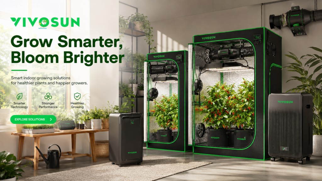 An informational poster showcasing VIVOSUN's smart indoor growing solutions, featuring grow tents with lights and ventilation systems, and healthy plants, under the slogan 'Grow Smarter, Bloom Brighter'.