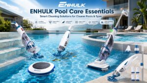 Complete ENHULK pool care collection featuring cordless pool vacuums, solar pool ionizer, filter bags, and telescopic poles in a outdoor swimming pool.