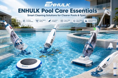 Complete ENHULK pool care collection featuring cordless pool vacuums, solar pool ionizer, filter bags, and telescopic poles in a outdoor swimming pool.