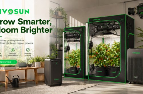 An informational poster showcasing VIVOSUN's smart indoor growing solutions, featuring grow tents with lights and ventilation systems, and healthy plants, under the slogan 'Grow Smarter, Bloom Brighter'.