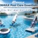 Complete ENHULK pool care collection featuring cordless pool vacuums, solar pool ionizer, filter bags, and telescopic poles in a outdoor swimming pool.