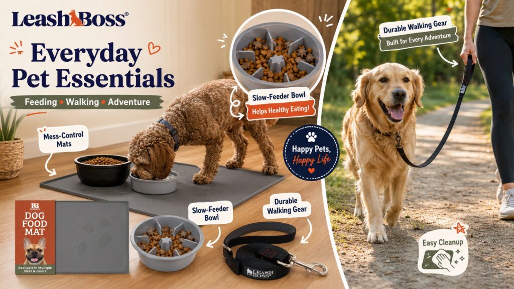 Leash Boss everyday pet essentials collage featuring feeding mats, a slow feeder bowl, and durable dog leash. Dogs are shown eating indoors and walking outdoors, highlighting feeding, cleanup, walking, and adventure use.