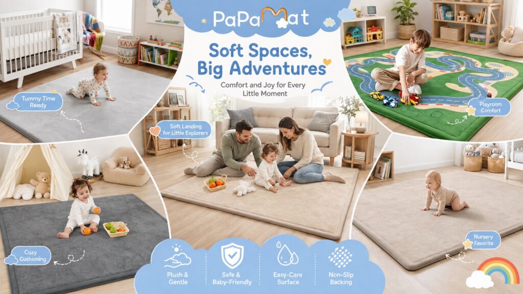 PaPaMat promotional collage showing baby and children’s play mats in nursery, playroom, and family-room settings. Designs include soft gray, beige, and race-track mats for tummy time, crawling, family play, and imaginative activities.