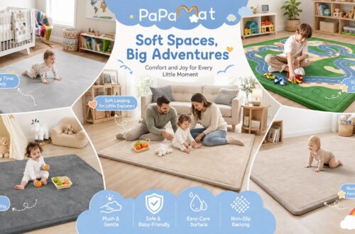 PaPaMat promotional collage showing baby and children’s play mats in nursery, playroom, and family-room settings. Designs include soft gray, beige, and race-track mats for tummy time, crawling, family play, and imaginative activities.