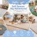 PaPaMat promotional collage showing baby and children’s play mats in nursery, playroom, and family-room settings. Designs include soft gray, beige, and race-track mats for tummy time, crawling, family play, and imaginative activities.