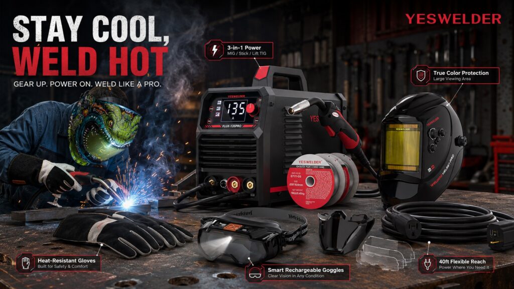 A comprehensive promotional image featuring all YESWELDER products from the series, with a main title "STAY COOL, WELD HOT." The set includes the welder, welding helmet, leather gloves, extension cord, and welding goggles. Callouts provide a quick feature summary for each item. A welder is seen working in the background.