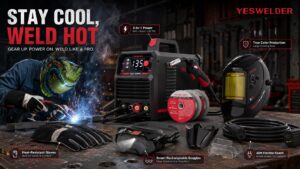 A comprehensive promotional image featuring all YESWELDER products from the series, with a main title "STAY COOL, WELD HOT." The set includes the welder, welding helmet, leather gloves, extension cord, and welding goggles. Callouts provide a quick feature summary for each item. A welder is seen working in the background.