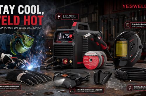 A comprehensive promotional image featuring all YESWELDER products from the series, with a main title "STAY COOL, WELD HOT." The set includes the welder, welding helmet, leather gloves, extension cord, and welding goggles. Callouts provide a quick feature summary for each item. A welder is seen working in the background.