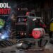 A comprehensive promotional image featuring all YESWELDER products from the series, with a main title "STAY COOL, WELD HOT." The set includes the welder, welding helmet, leather gloves, extension cord, and welding goggles. Callouts provide a quick feature summary for each item. A welder is seen working in the background.