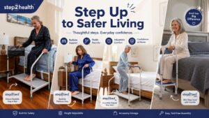 Step2Health promotional banner featuring four bedside safety products in realistic bedroom settings: a deluxe step-and-rail assist, bedside platform step, XL bedside step stool, and mini step stool, under the headline “Step Up to Safer Living.”